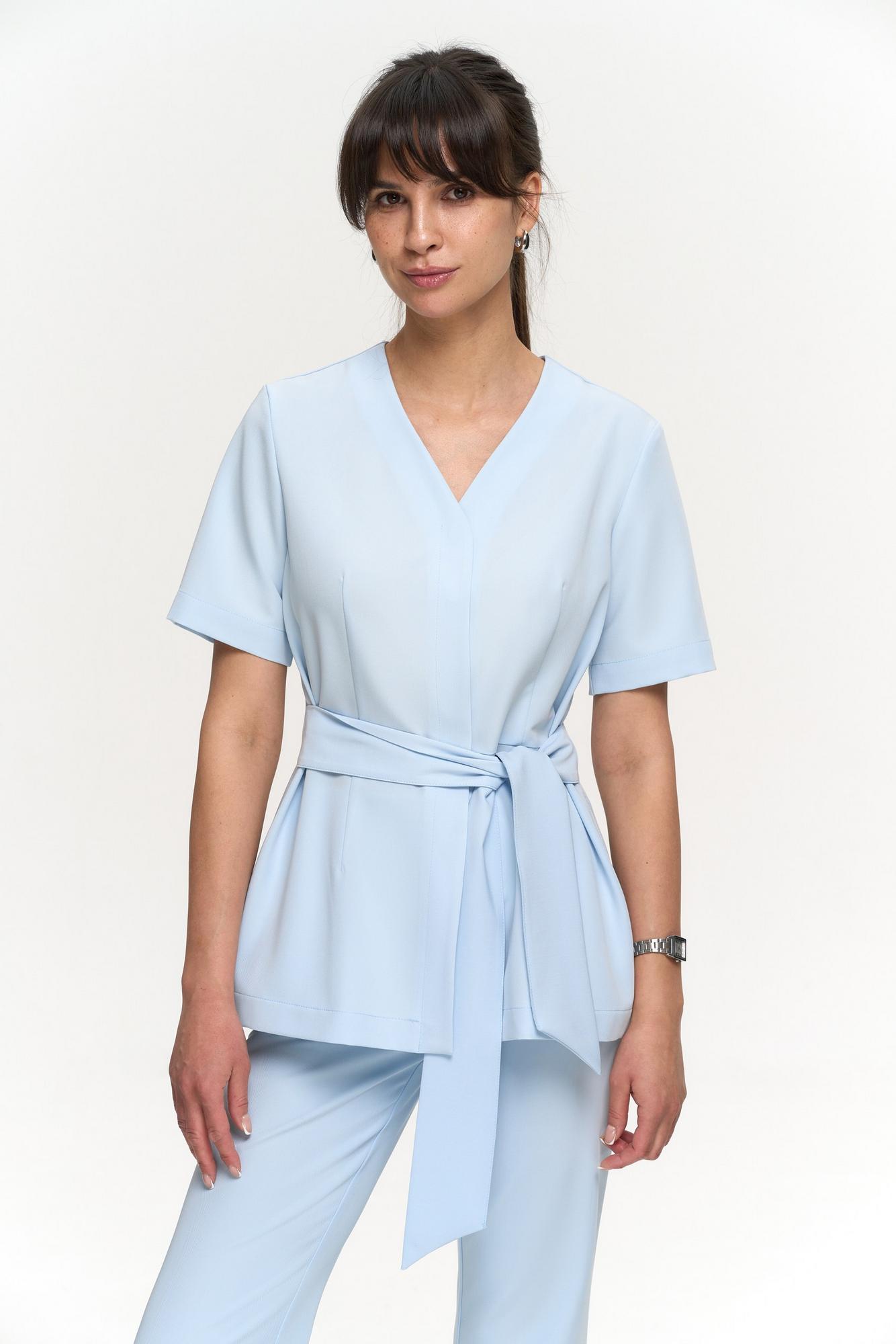 Блуза с широкими поясами с коротким рукавом голубая KL 227