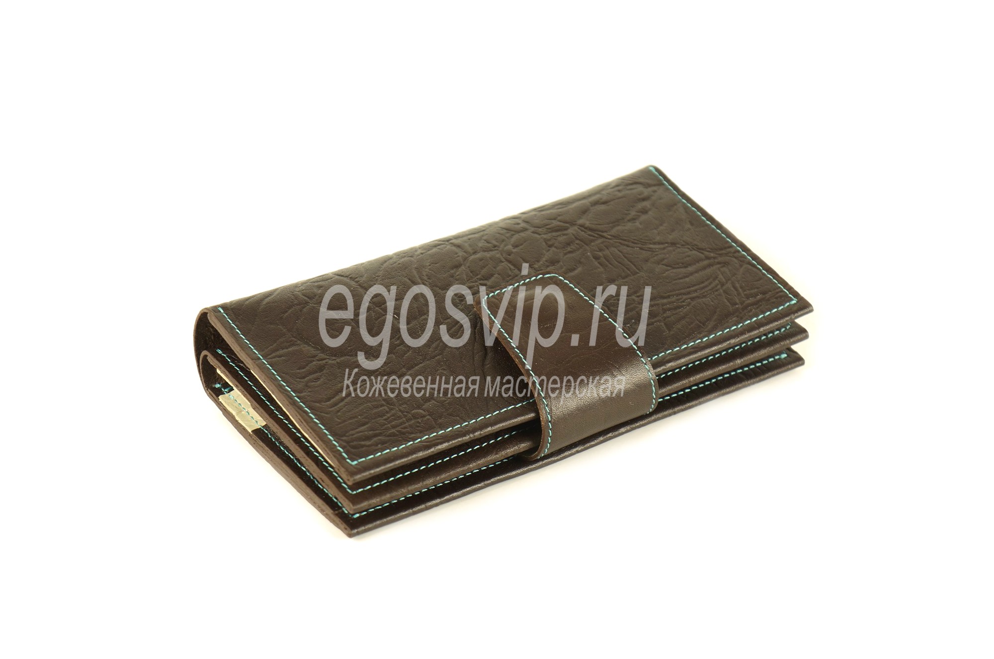 Кожаный кошелек клатч с карманом на корпусе и застежкой - хлястиком / модель 83-02 коричневый с бежевым