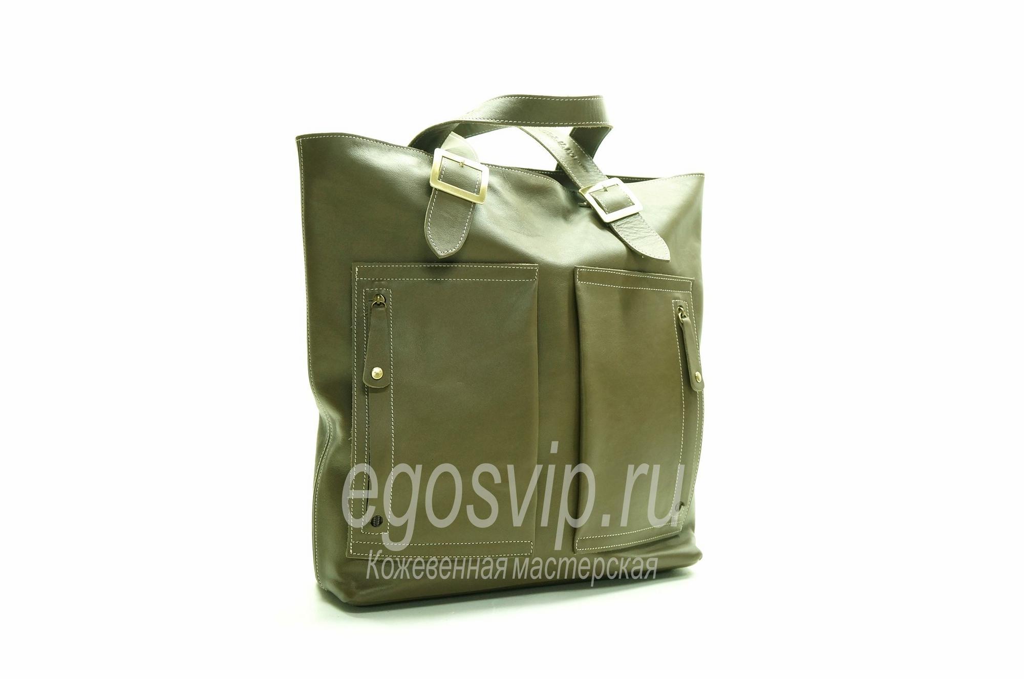 Кожаная сумка шоппер на молнии / модель 25 олива
