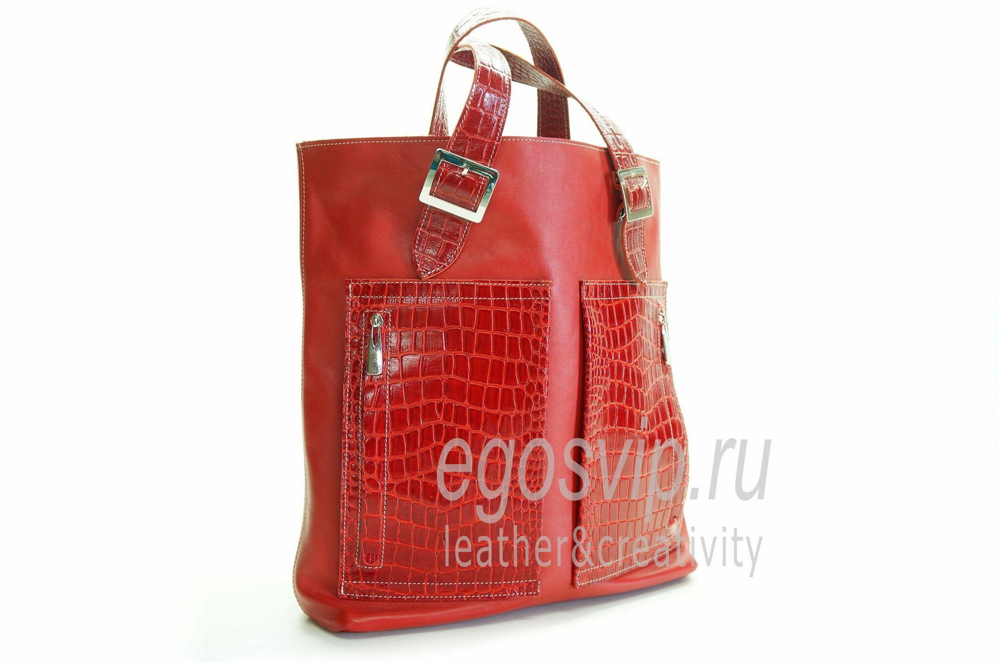 Кожаная сумка шоппер на молнии / модель 25 красная