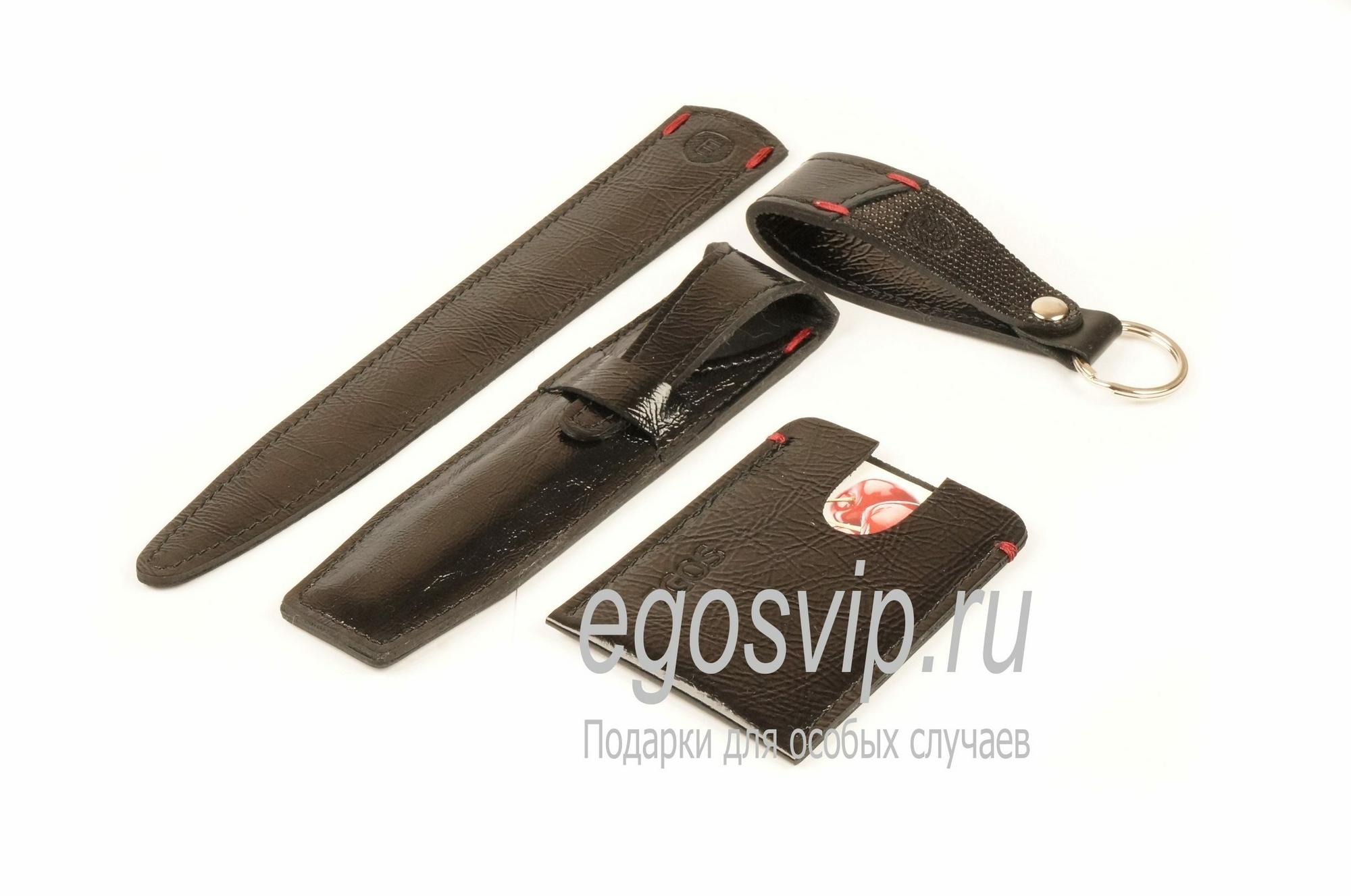 ПОДАРОЧНЫЙ НАБОР №6 -  кожаный футляр для ручки, брелок, закладка в книгу, картхолдер / черный наплак