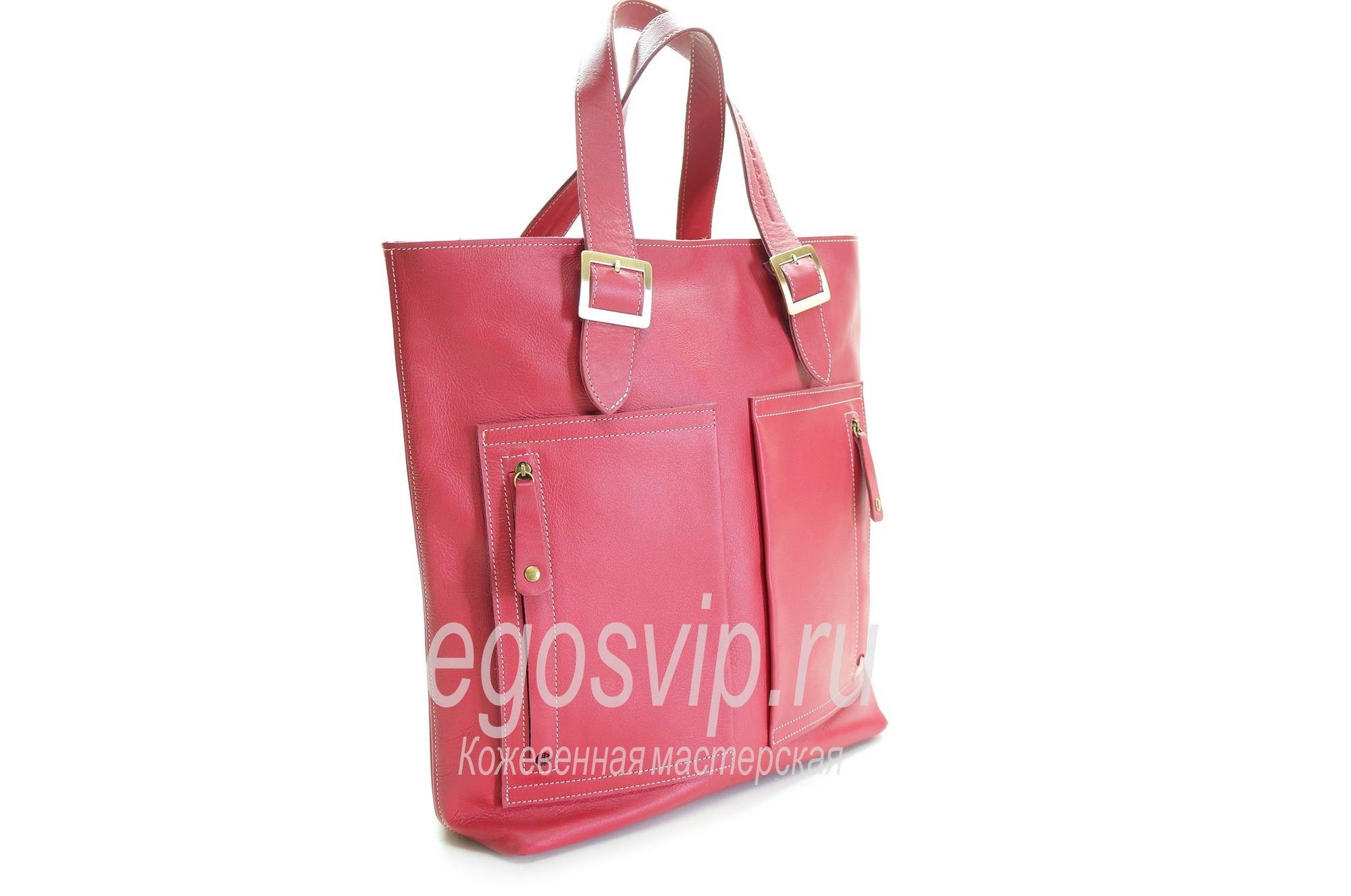 Шоппер кожаный ручной работы / модель 25 розовая камелия
