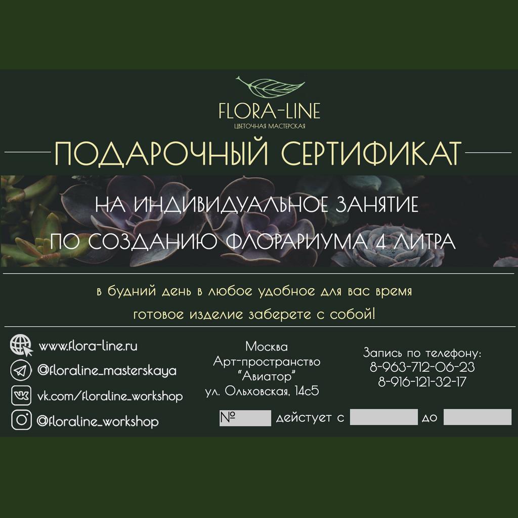 Сертификат на индивидуальный мастер-класс по созданию флорариума 4 литра