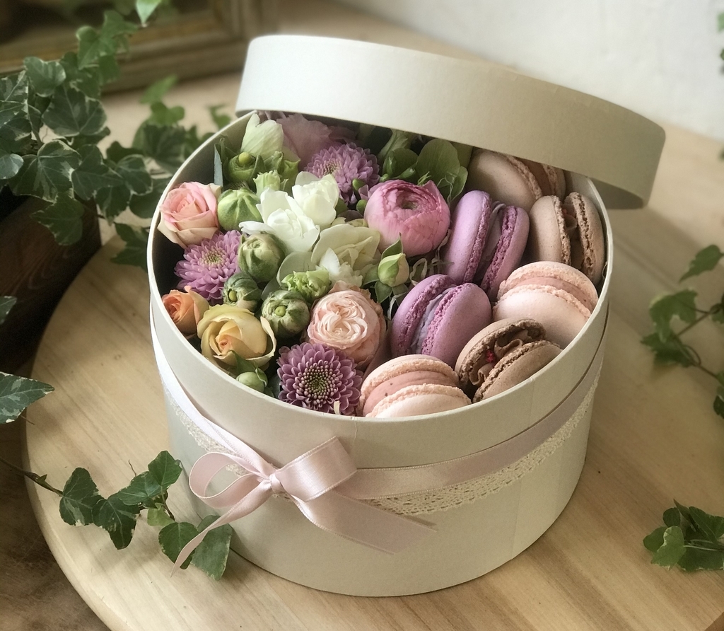 Коробка с цветами и макарони MIDLE