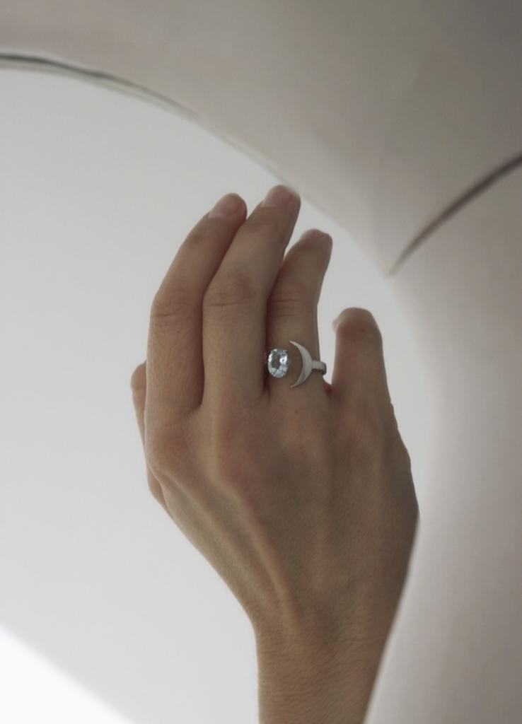 Blue Topaz Moon I Сет колец с голубым топазом, латунь белая