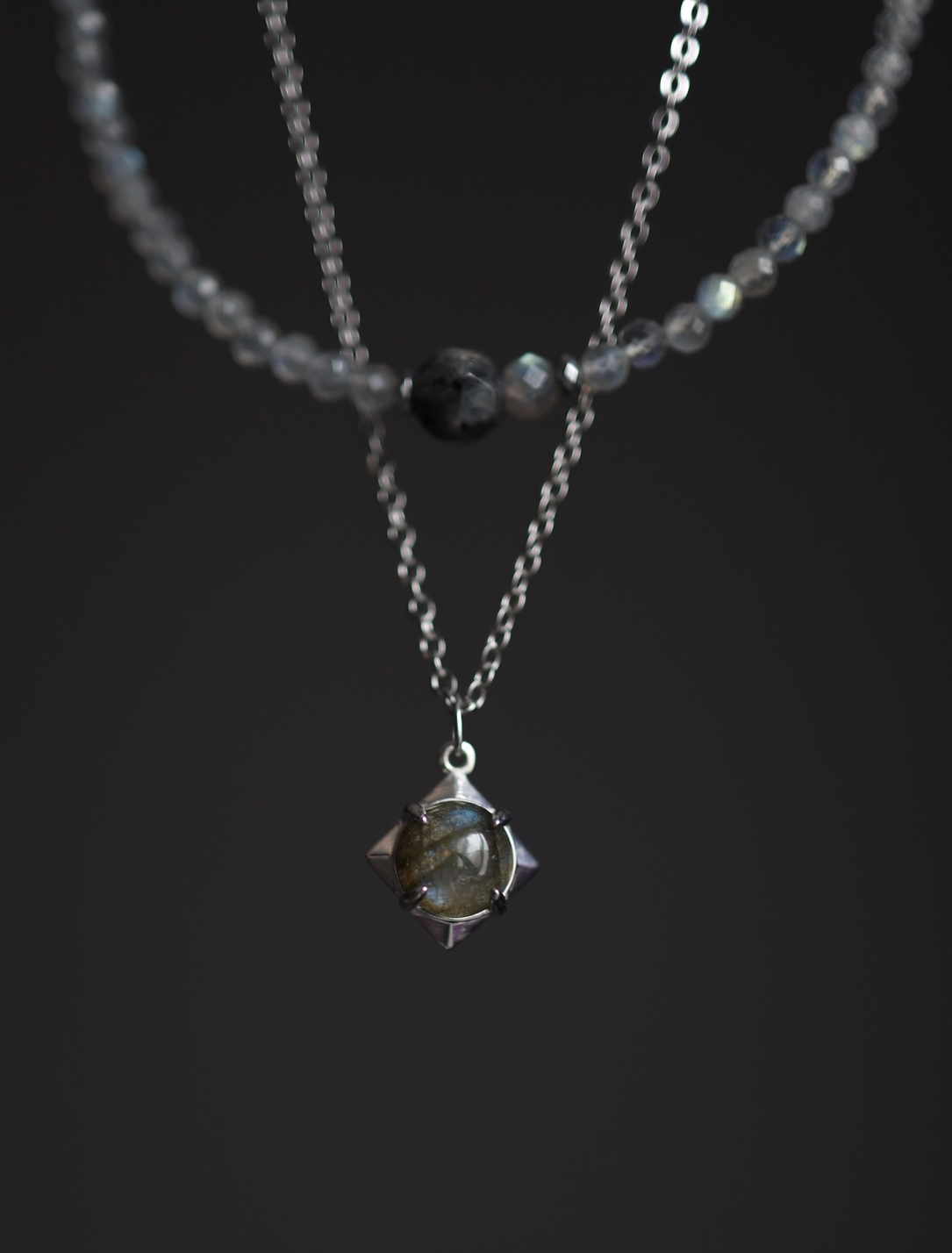 Labradorite Set I Сет колье с лабрадоритом, белая латунь, сталь