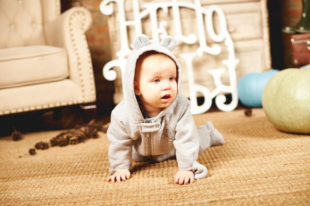 Комбинезон "Hello,Baby" на молнии мишка с ушками (р. 0-12 мес) - серый меланж