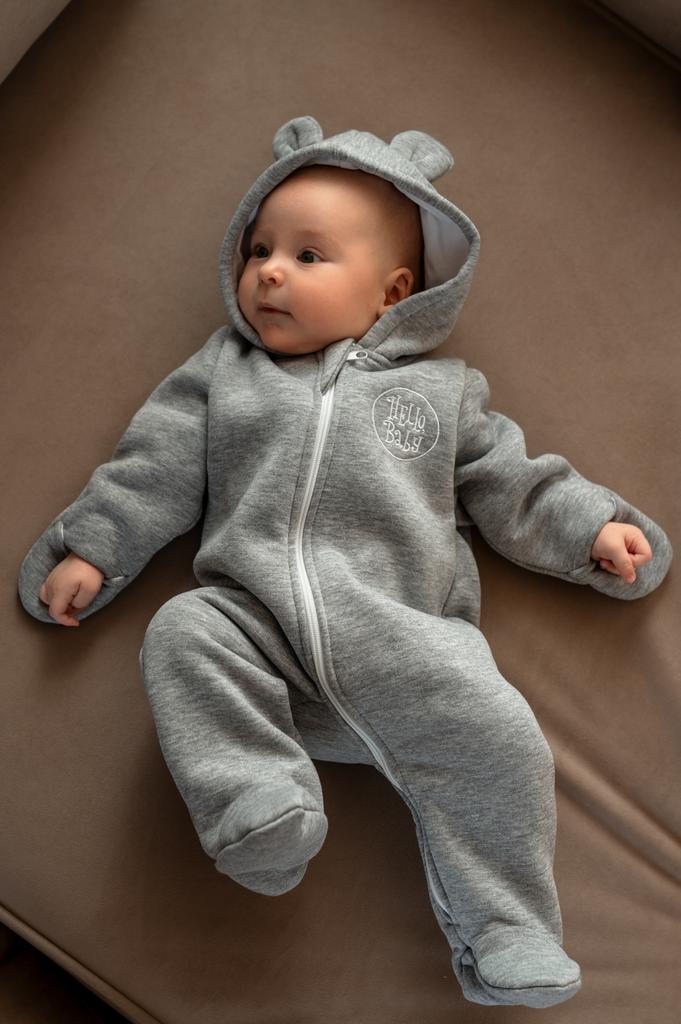 Комбинезон "Hello,Baby" на молнии мишка с ушками (р. 0-12 мес) - серый меланж