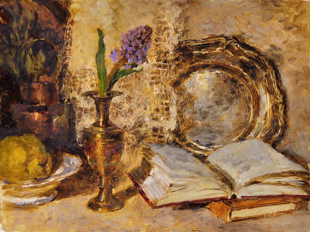 Вечерний натюрморт с гиацинтом, с раскрытой книгой