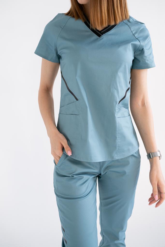 Костюм медицинский женский "Анатомия Грей", cotton,stretch 5% ,ниагара
