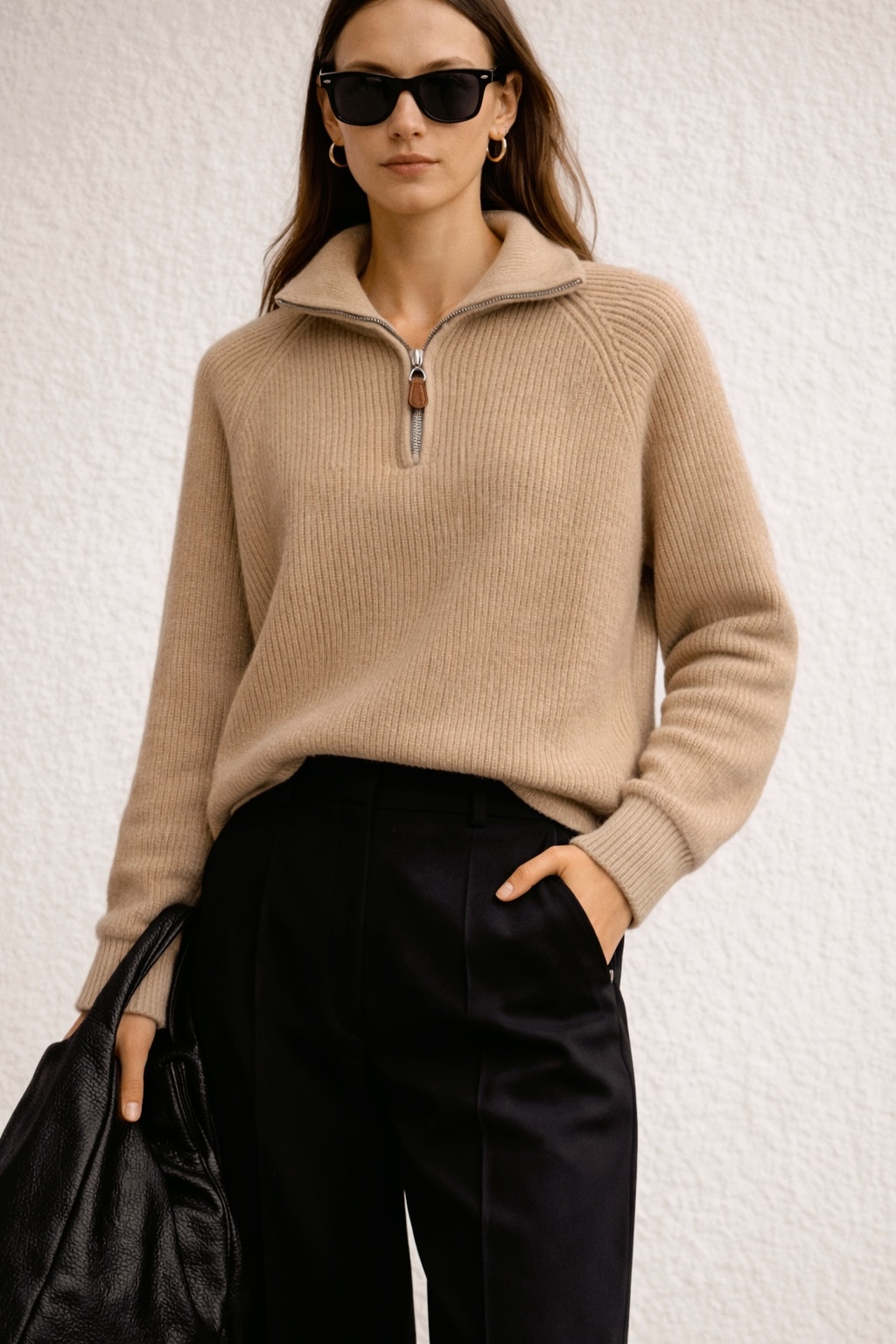 Свитер реглан из мериноса с молнией, бежевый