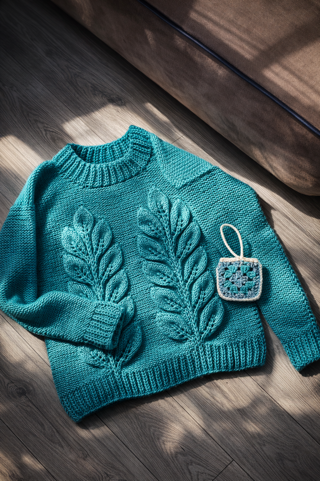 Свитер с листьями, бирюза