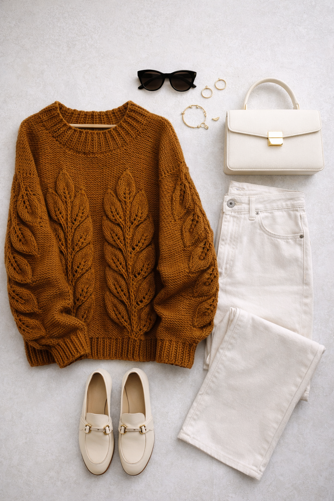 Свитер с листьями, корица