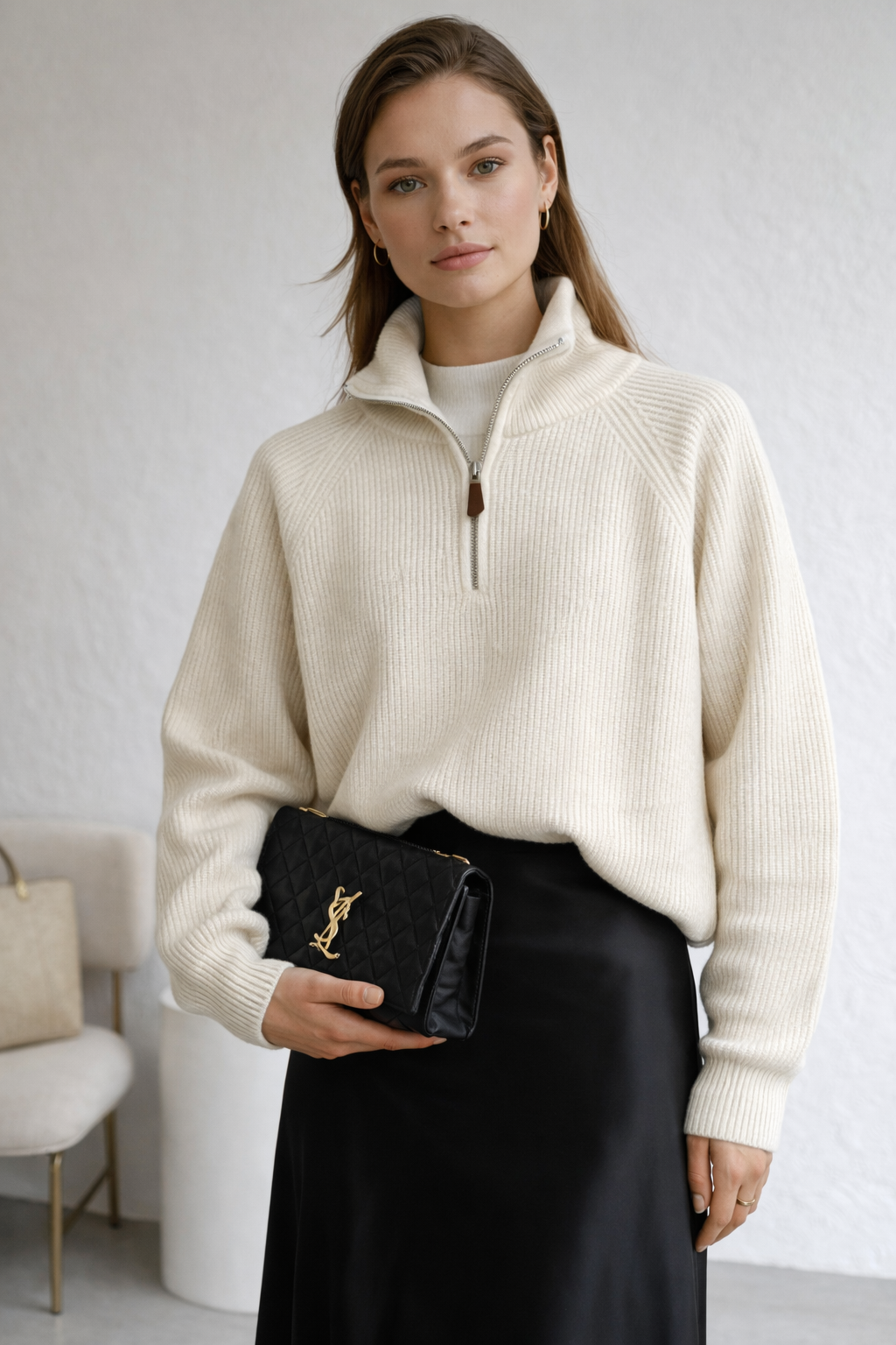 Свитер реглан из мериноса с молнией, молочный