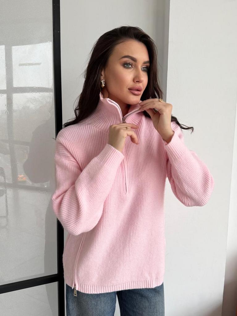 Свитер из мериноса с молнией, розовый