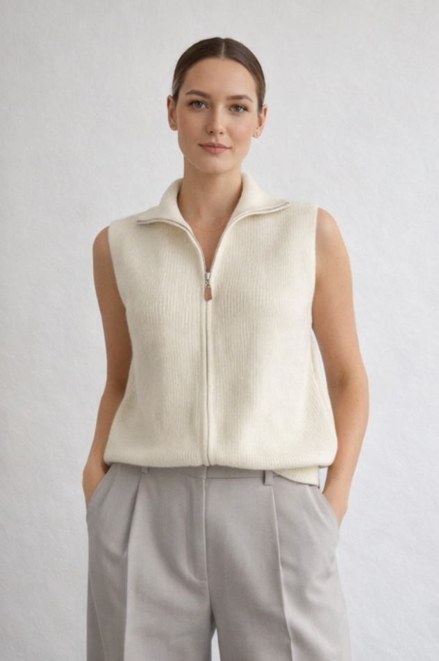 Безрукавка из мериноса с молнией, молочная