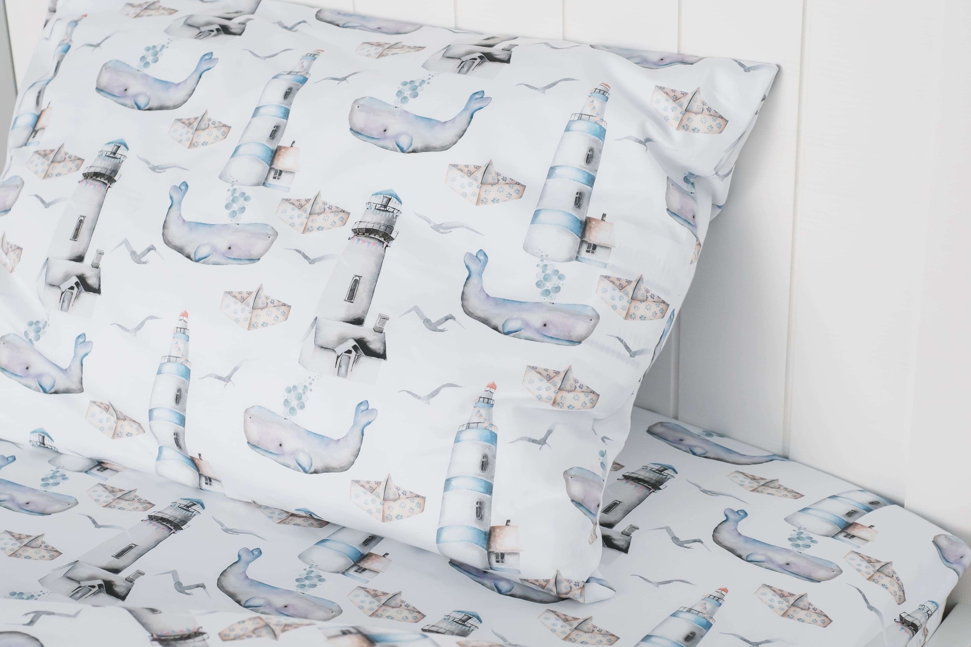 Детское постельное бельё из сатина  "Киты-Маяки"