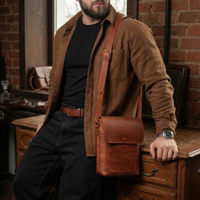 СТЭНФОРД - мужская кожаная сумка через плечо цвет Коньяк