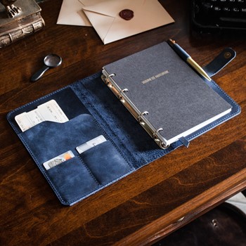 Кожаный бизнес блокнот органайзер А5 на кольцах цвет Синий Океан