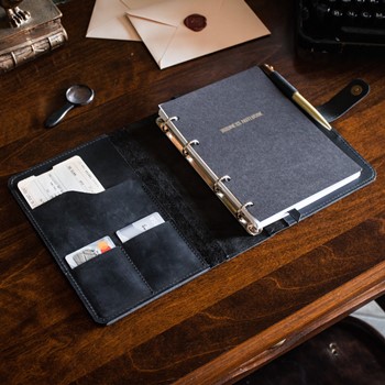 Кожаный бизнес блокнот органайзер А5 на кольцах цвет Черный Уголь