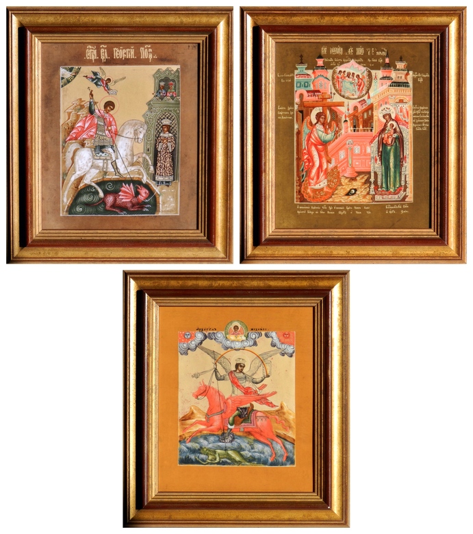 Триптих икон: икона Благовещения Пресвятой Богородицы (19 век), икона Архангела Михаила (19 век) и икона Святого Великомученика Георгия Победоносца (19 век).