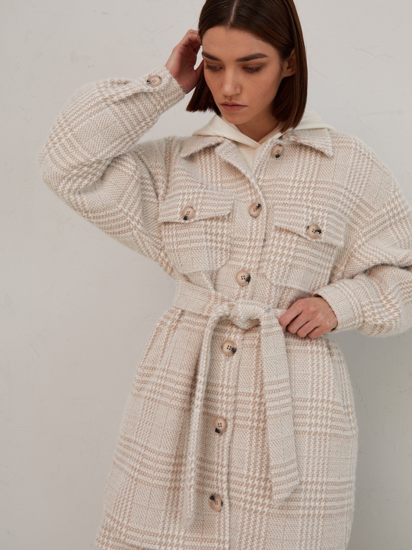 Пальто-рубашка цв. клетка-бежевая арт.м-543