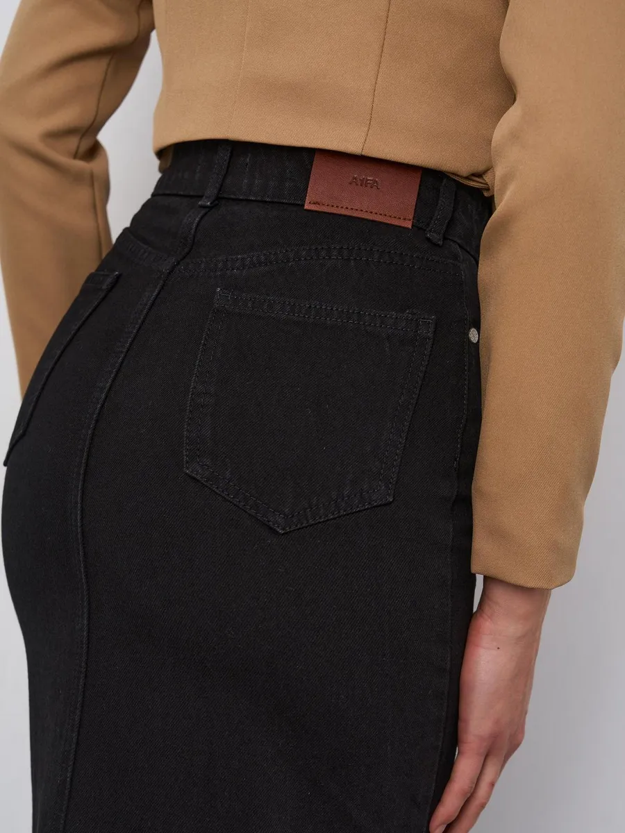 Юбка джинсовая длинная с разрезом черная