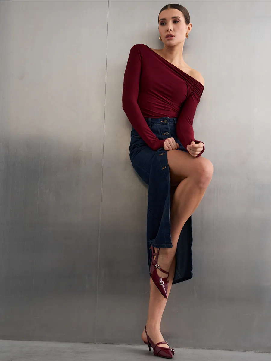 Юбка джинсовая макси с пуговицами спереди синяя