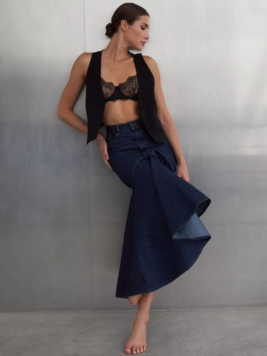 Юбка джинсовая миди с воланом синяя