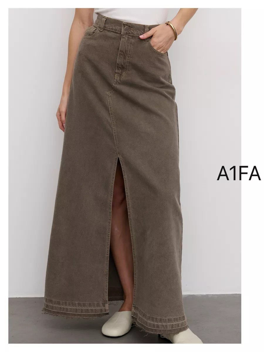 Юбка джинсовая с разрезом макси оливковая