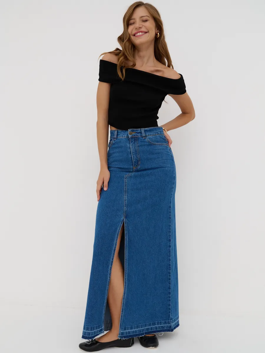 Юбка джинсовая длинная с разрезом спереди пыльно голубая