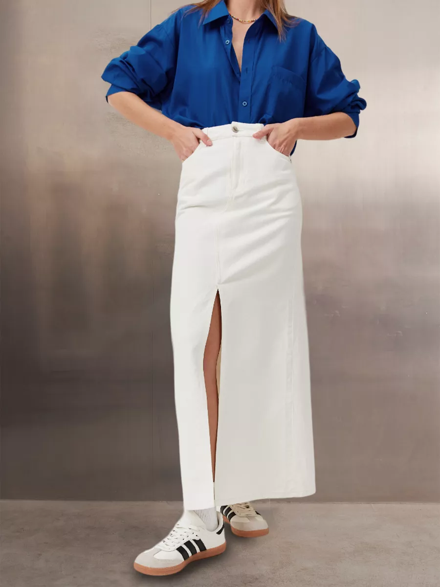 Юбка джинсовая длинная с разрезом спереди белая