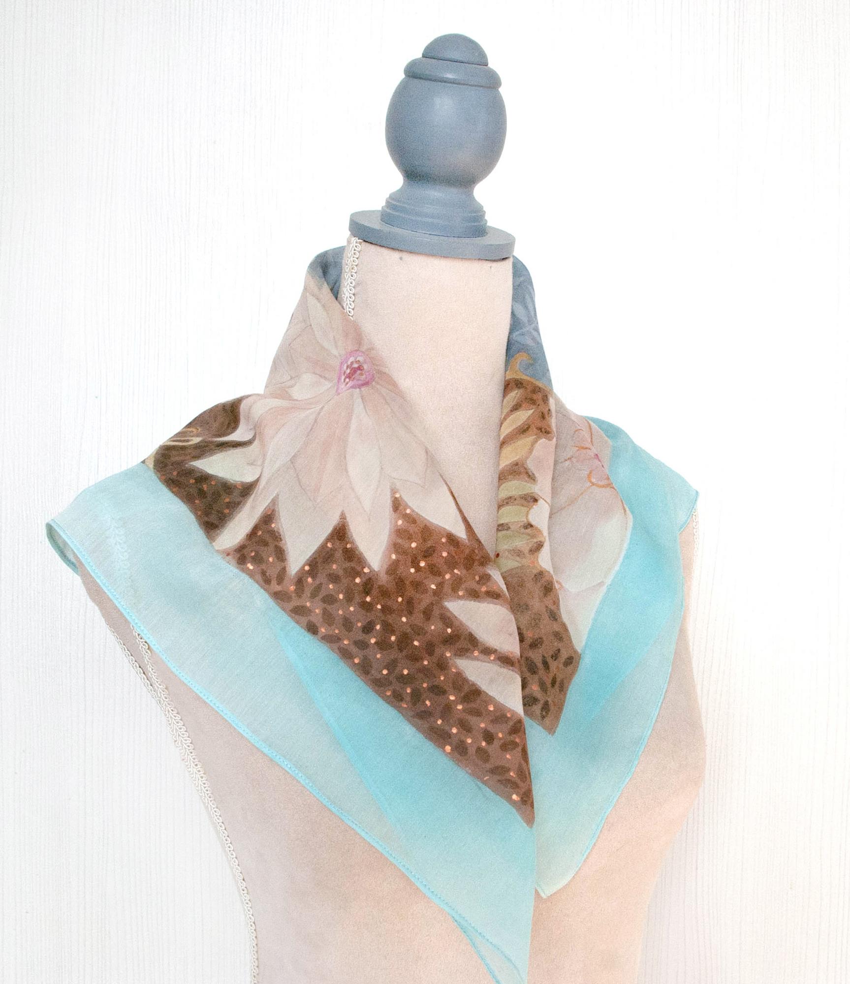 Шёлковый платок ШОКОЛАД И БИРЮЗА