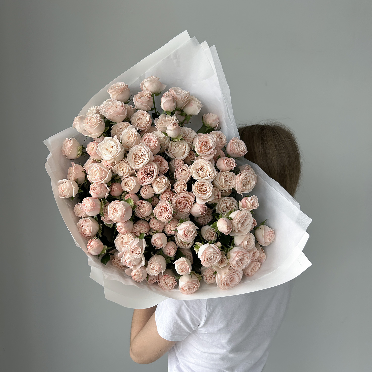 Пудровые пионовидные кустовые розы Бомбастик