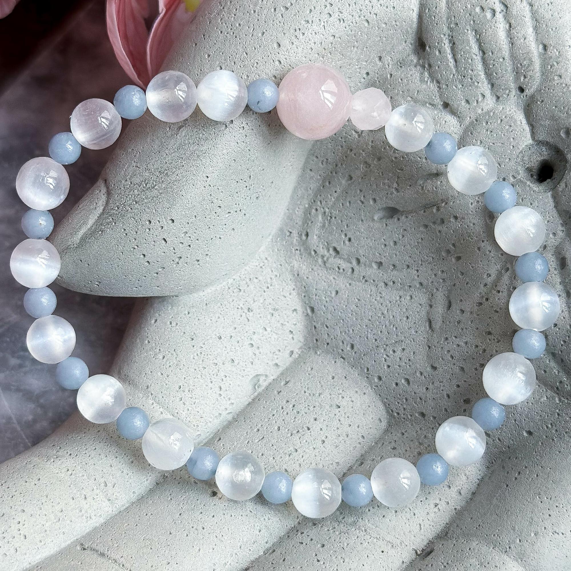 Браслет ШАМ (розовый кварц, селенит, ангелит)