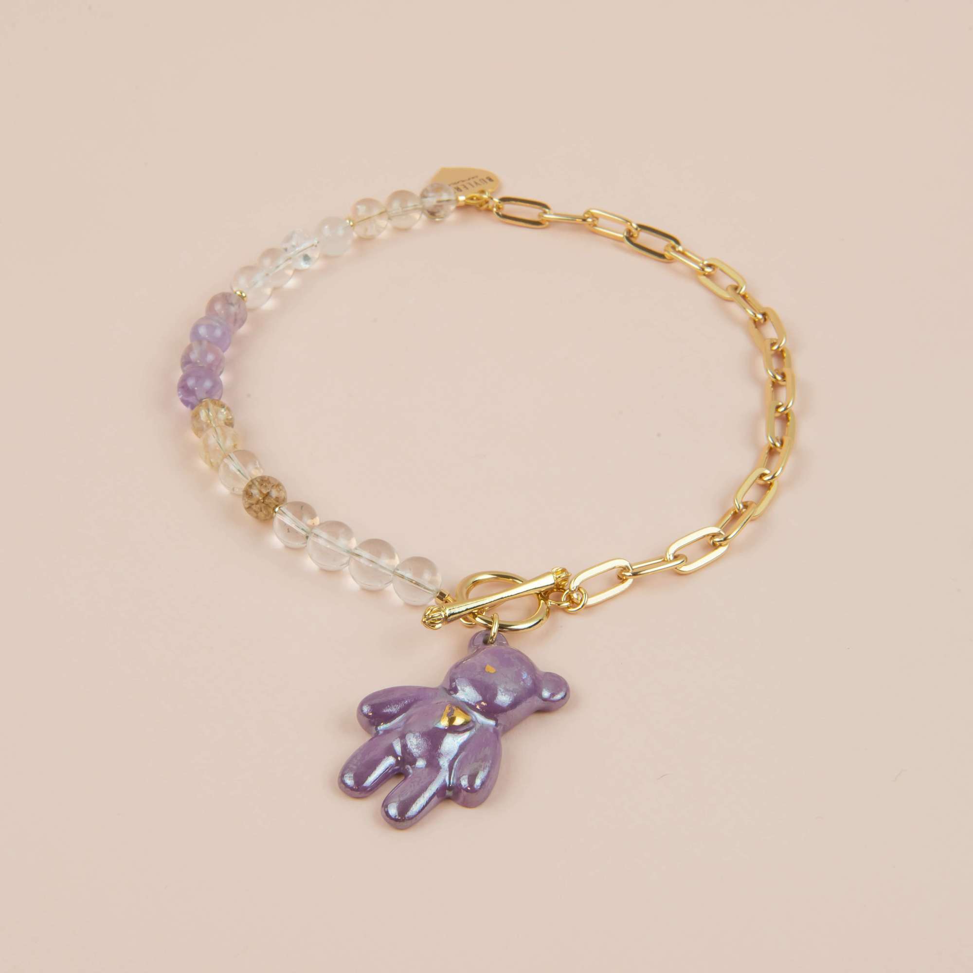 Колье “Мишка” лавандовый перламутр на золотой цепи с бусинами из аметрина