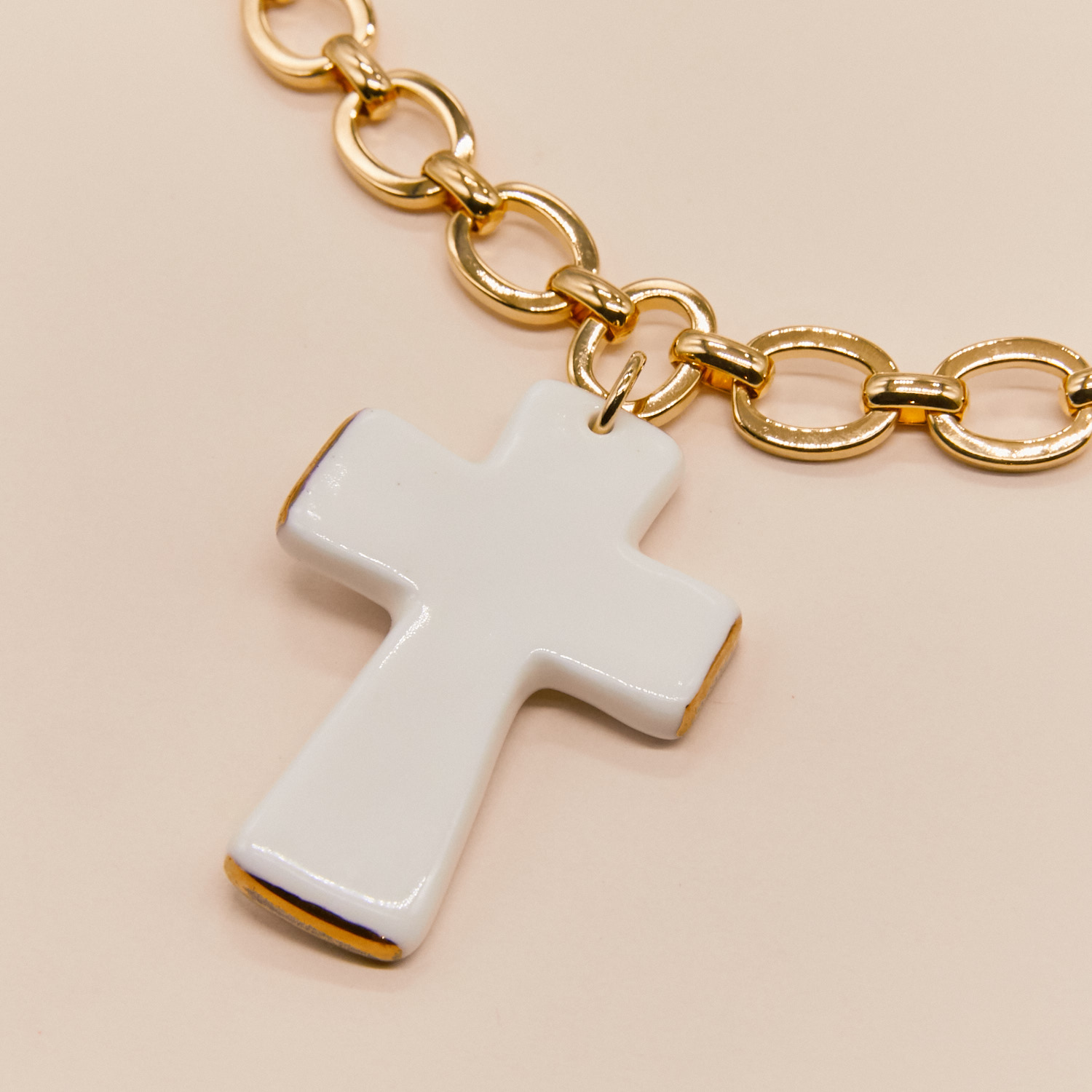 Кулон «Крест» белый большой с цепью в золоте