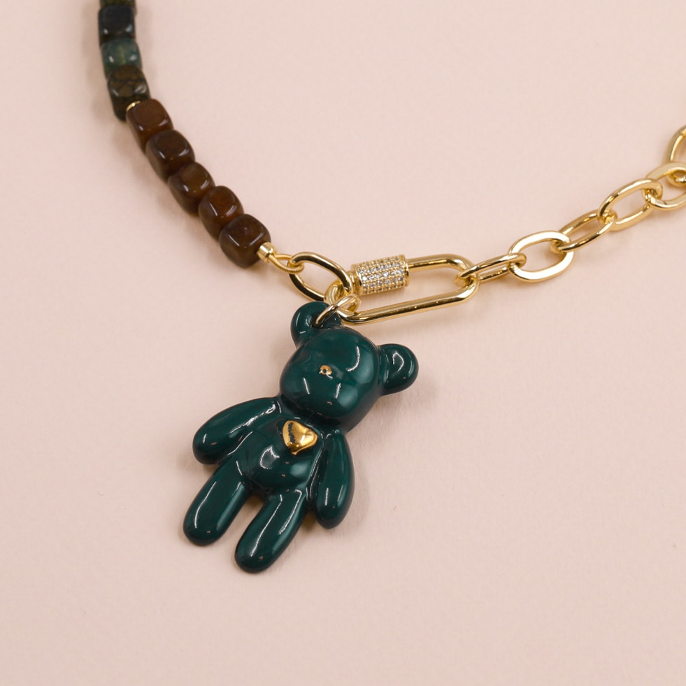 Кулон Мишка изумрудный съемный с бусинами из турмалина и фианитами