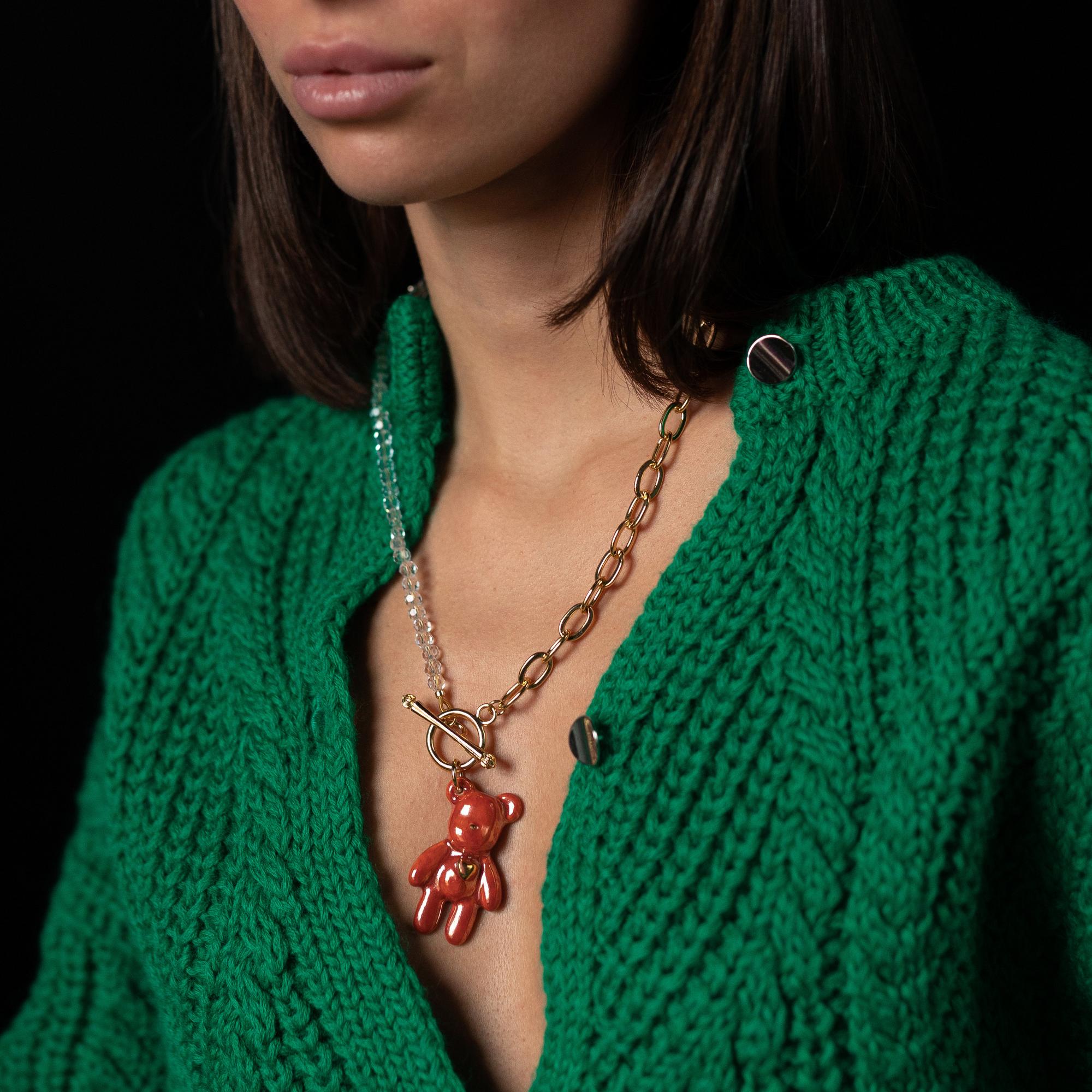 Колье мишка красно-оранжевый перламутр с бусинами из стекла и горного хрусталя