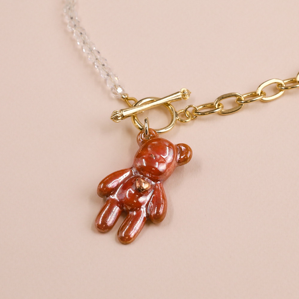 Колье мишка красно-оранжевый перламутр с бусинами из стекла и горного хрусталя