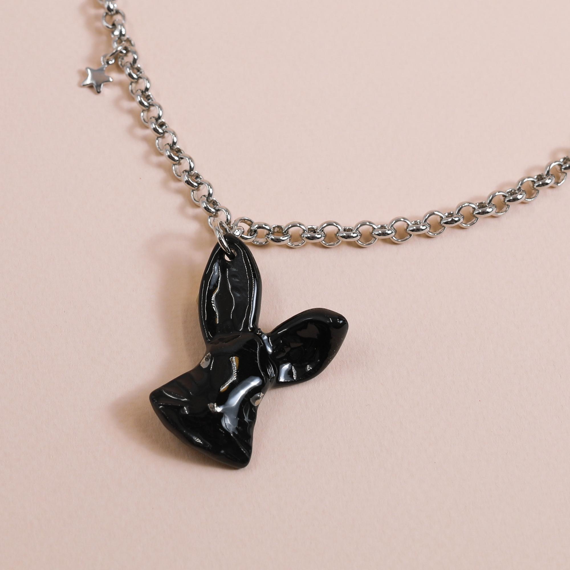 Кулон Кролик черный глянцевый со звездочкой и цепью в платине