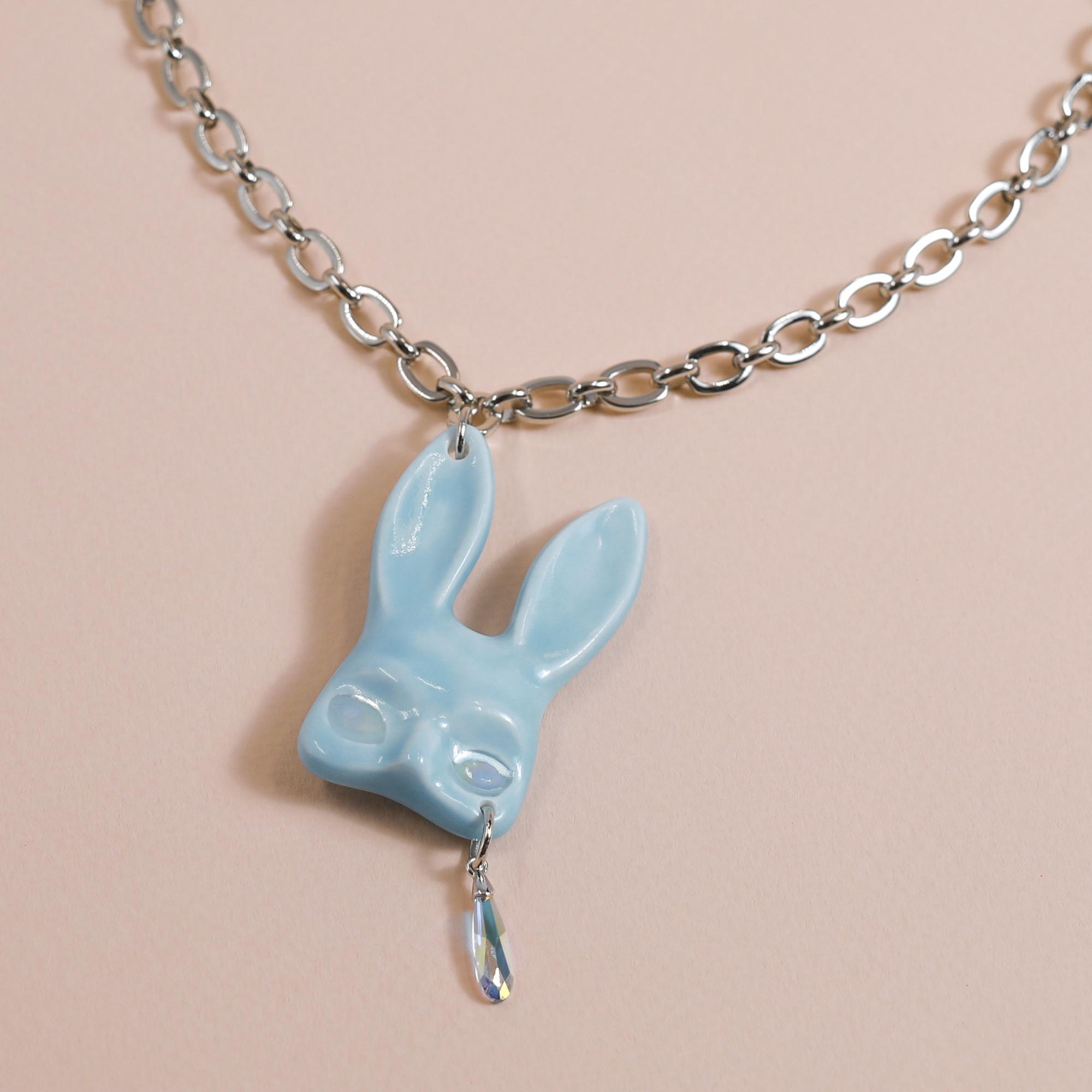 Кулон Маска Кролика голубая с перламутром и кристаллом Swarovski в платине