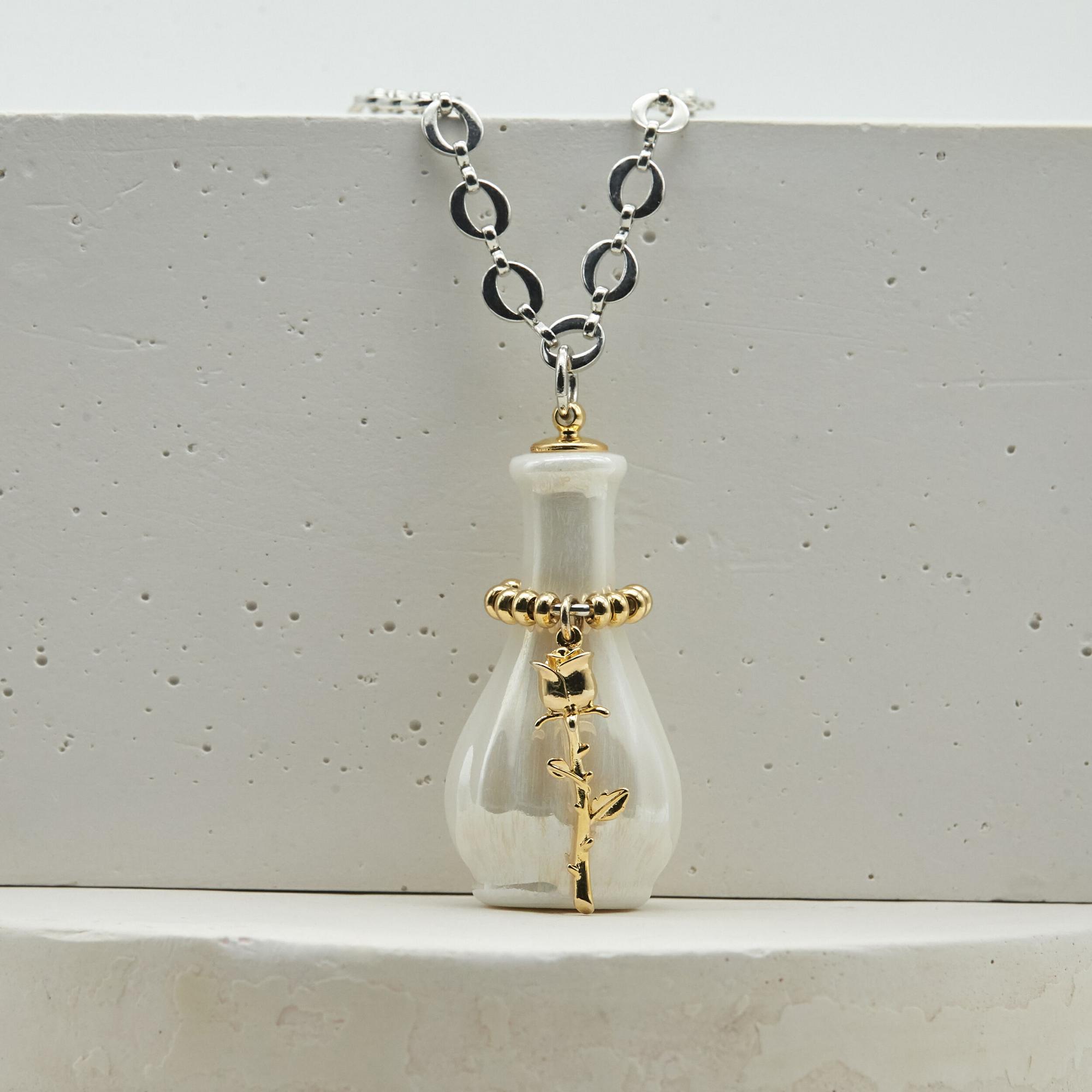 Кулон Флакон №5 белый с перламутром и золотой розой