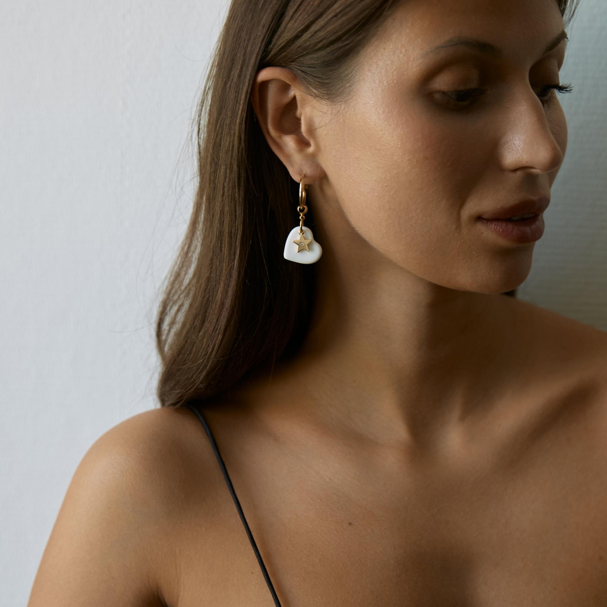 Серьги асимметричные с сердцем, звездой и фианитами