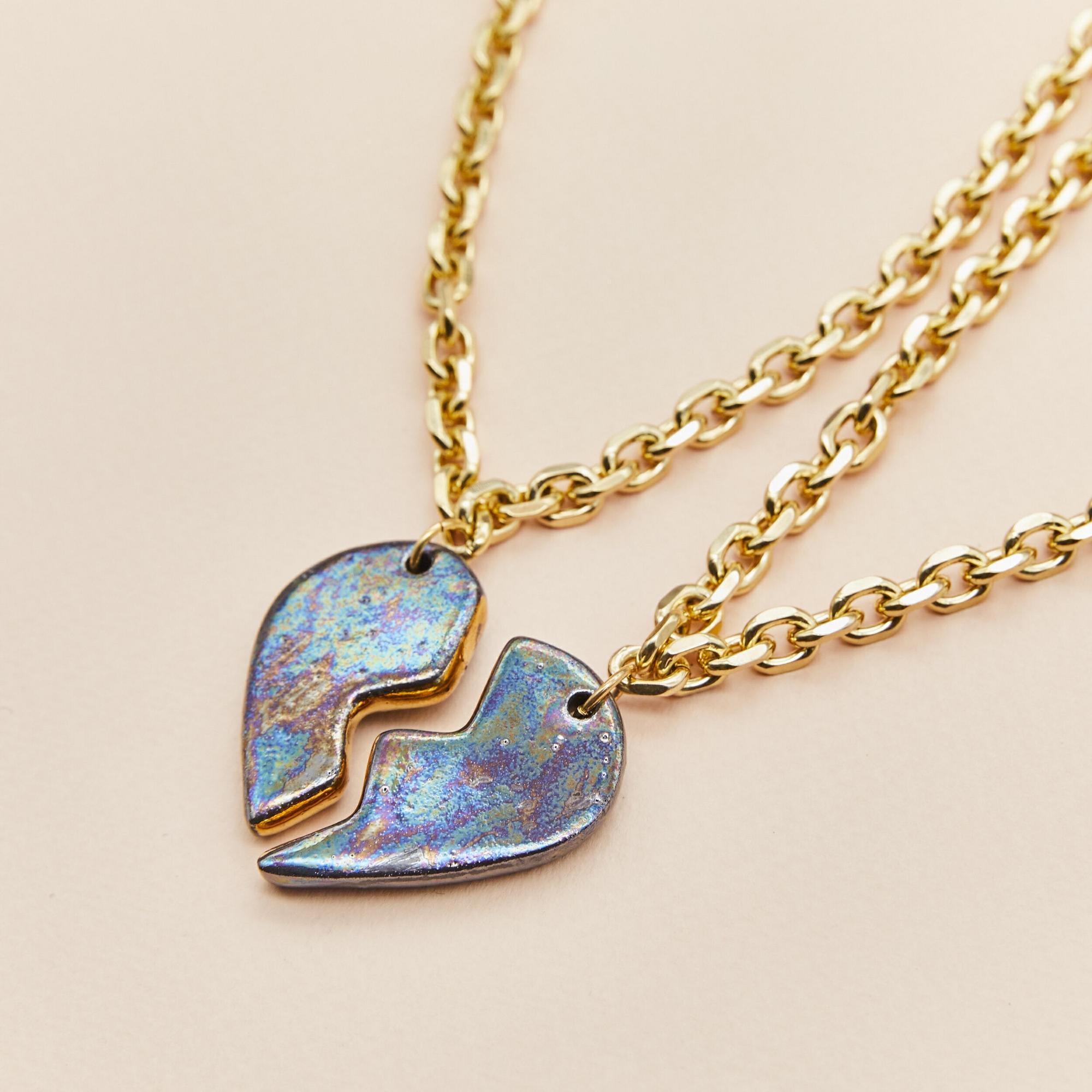 Колье 2 половинки сердца- черный перламутр в золоте