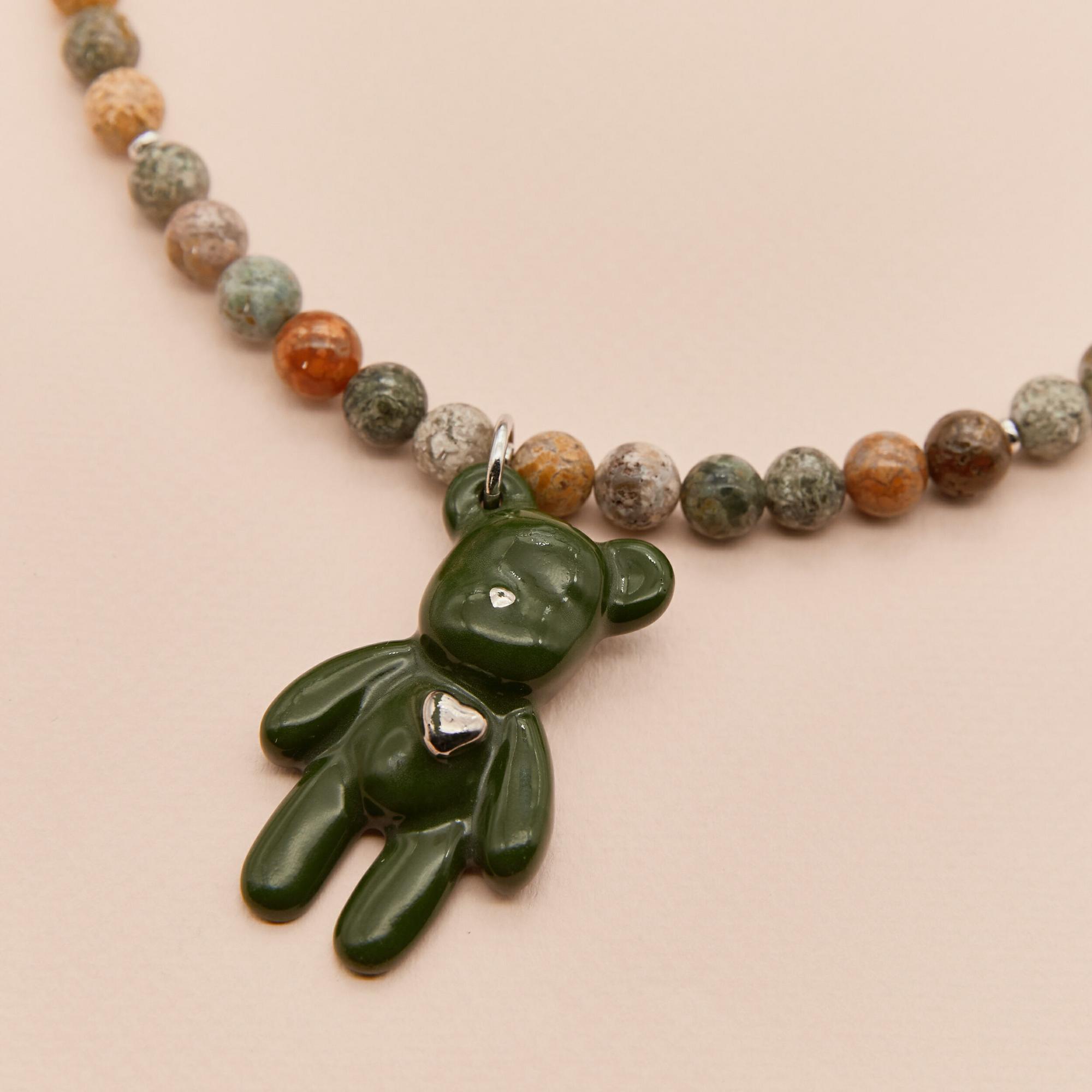 Колье Мишка темно-зеленый с бусами из яшмы