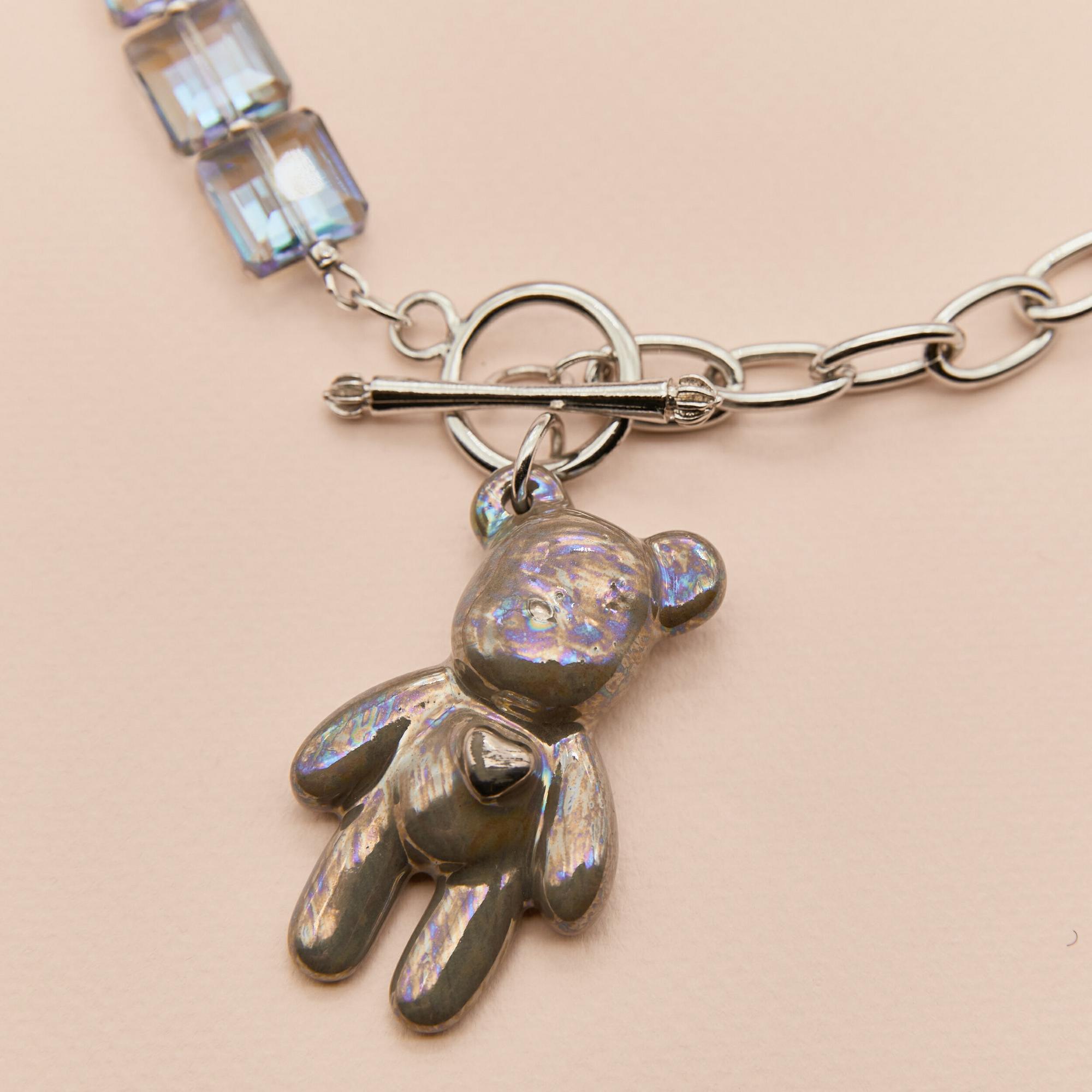 Колье серо-коричневый перламутр с бусинами Хамелеон и цепью в серебре