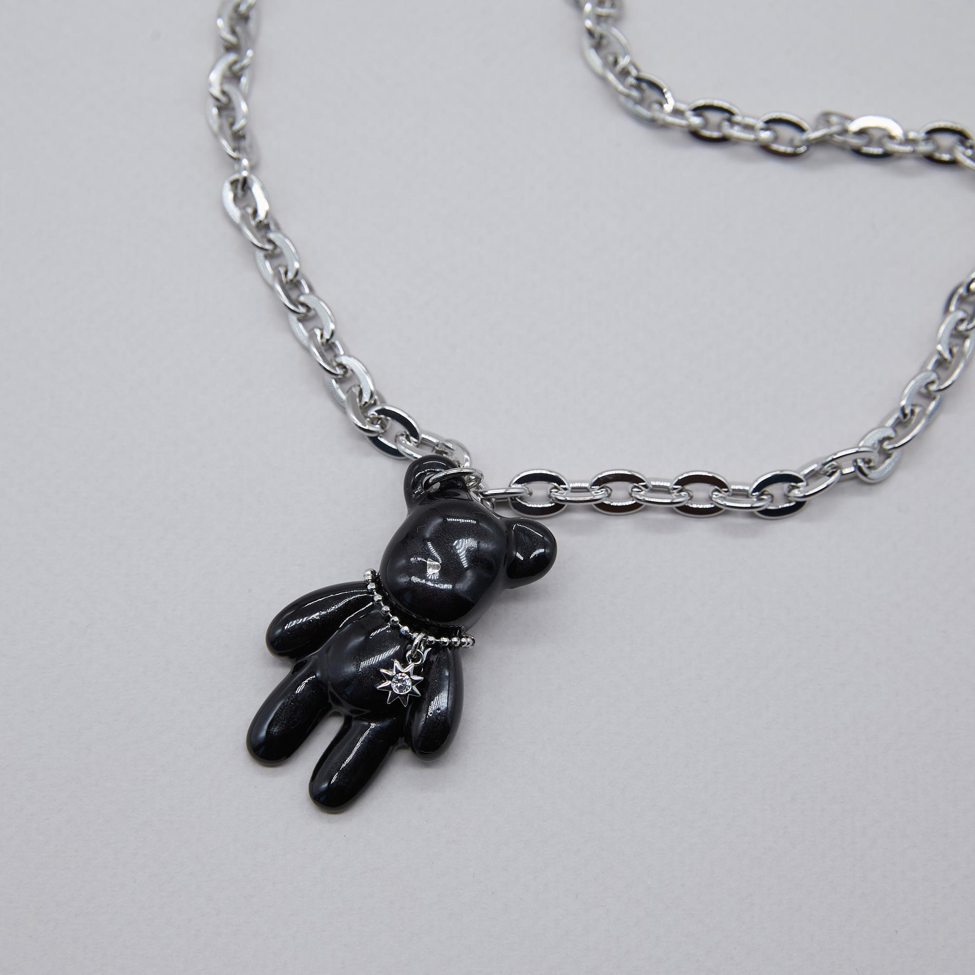 Кулон мишка черный со звездой на цепи в серебре