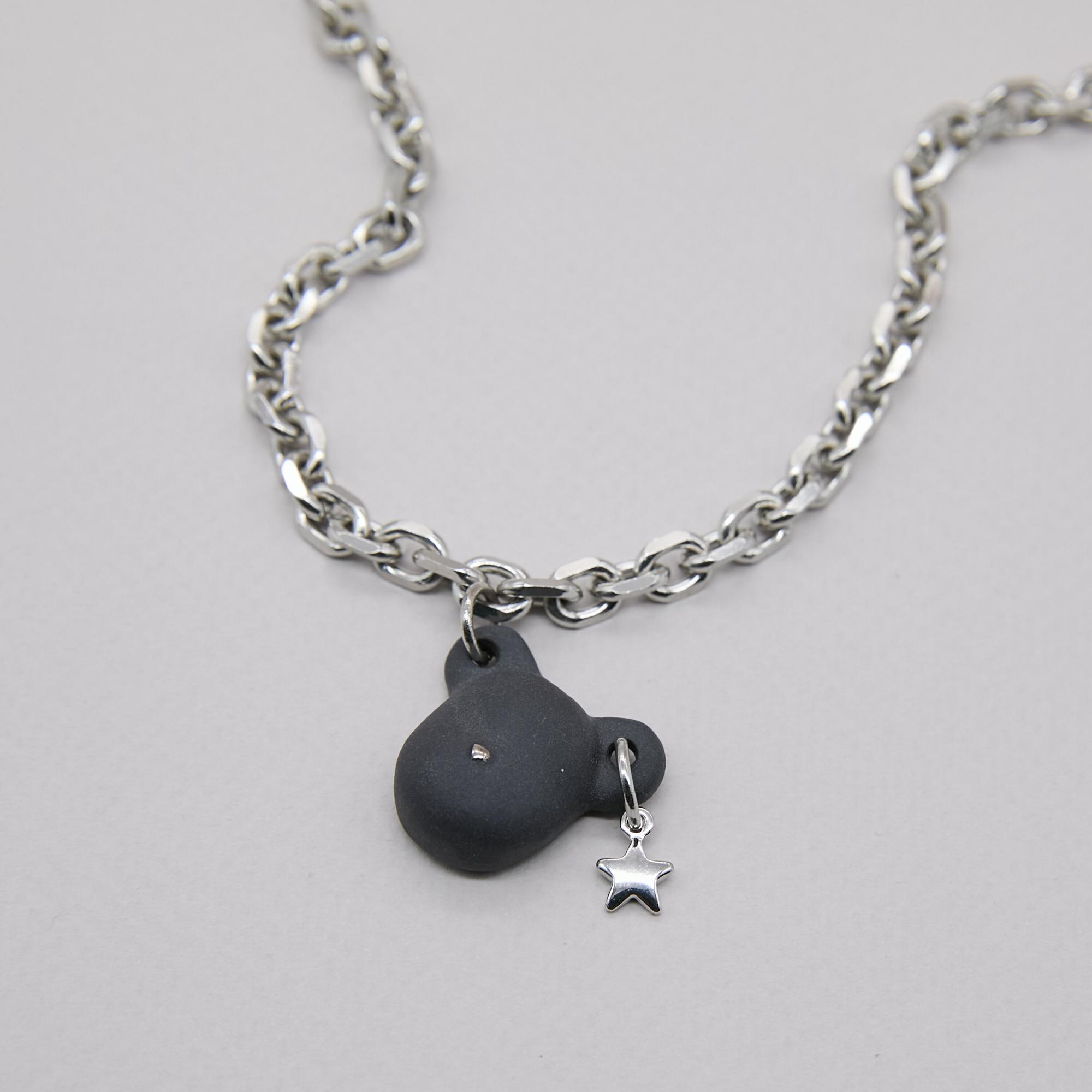 Кулон голова мишки чёрный матовый звезда серебряная цепь фарфор