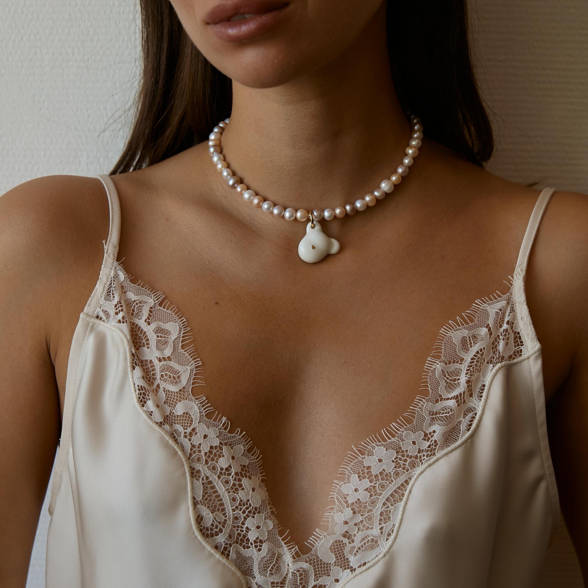 Чокер голова мишки белый жемчуг фарфор авторский Buylerika